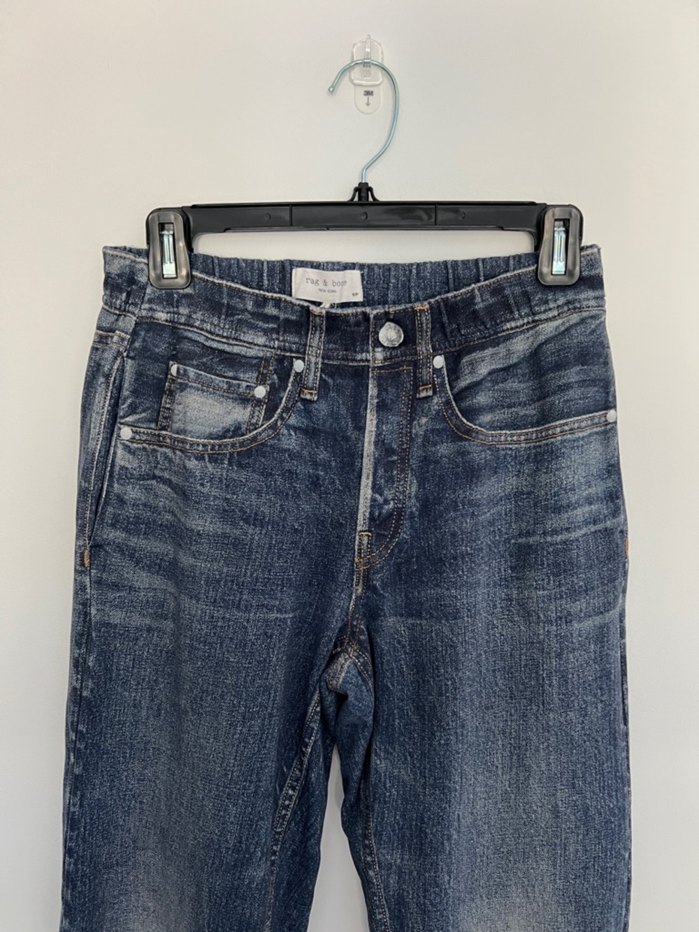 rag & bone faded indigo high-rise faux denim pull on pants, size small